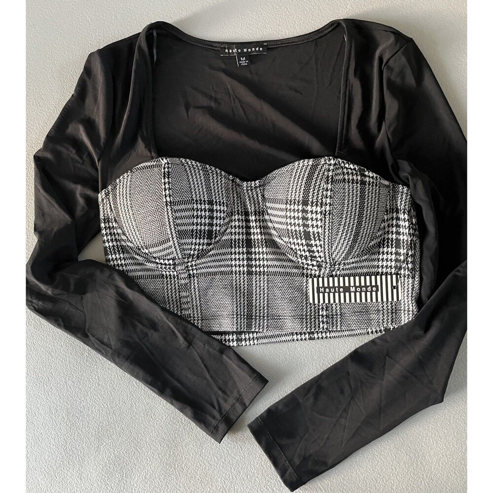 Haute Monde Bustier Crop Top Size M Gray Black Plaid Corset Cami Sheer Back Y2K